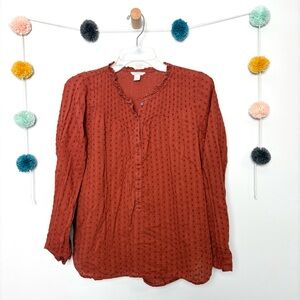 J. Crew Point Sur Ruffle Classic Popover Rust Clip Dot Burgundy Shirt